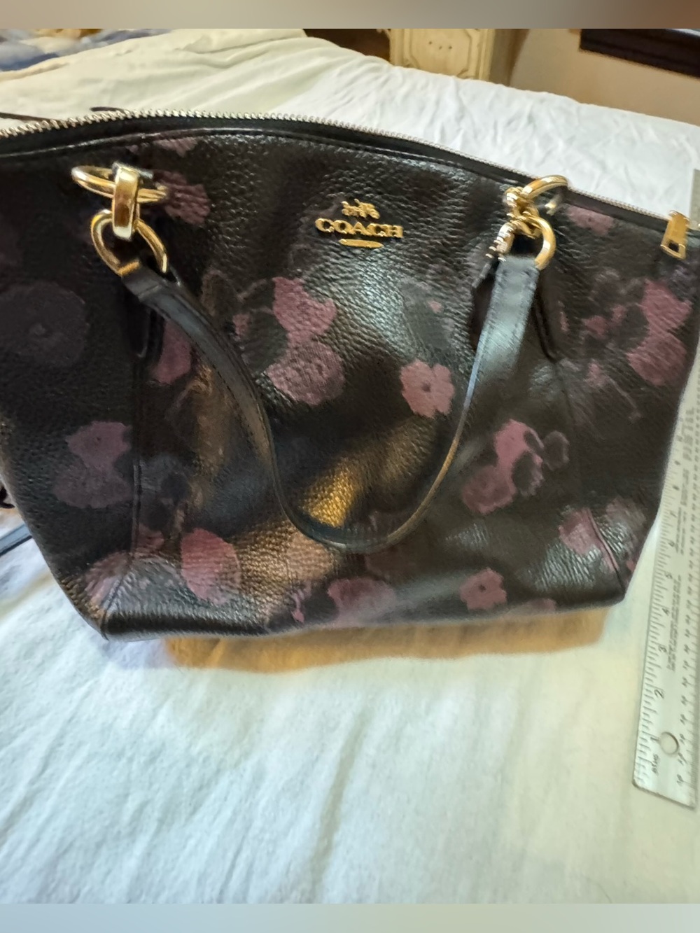 Coach Kelsey Small Satchel F38874 Black Purple Floral Leather Crossbody